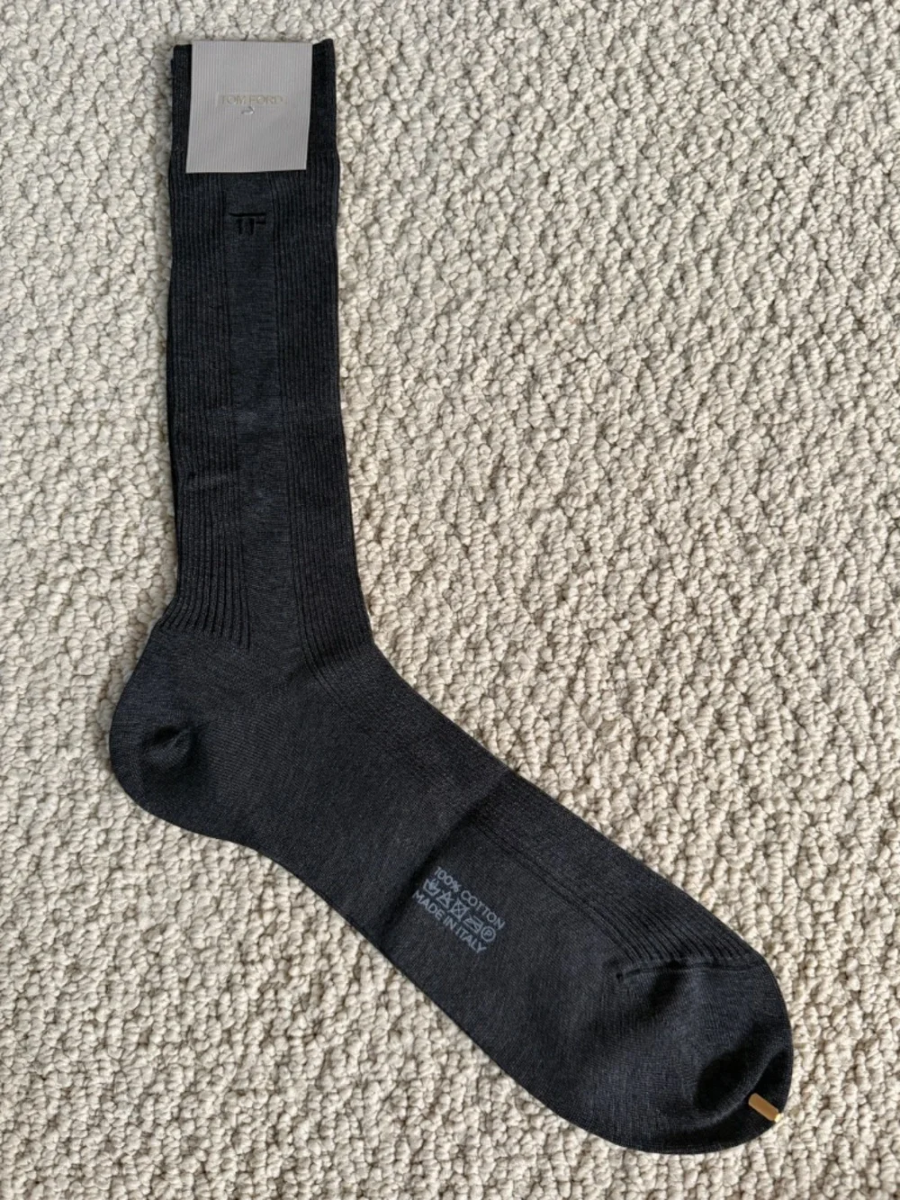 Tom Ford Charcoal Gray Embroidered TF Logo Ribbed Cotton Soft Dress Crew Socks